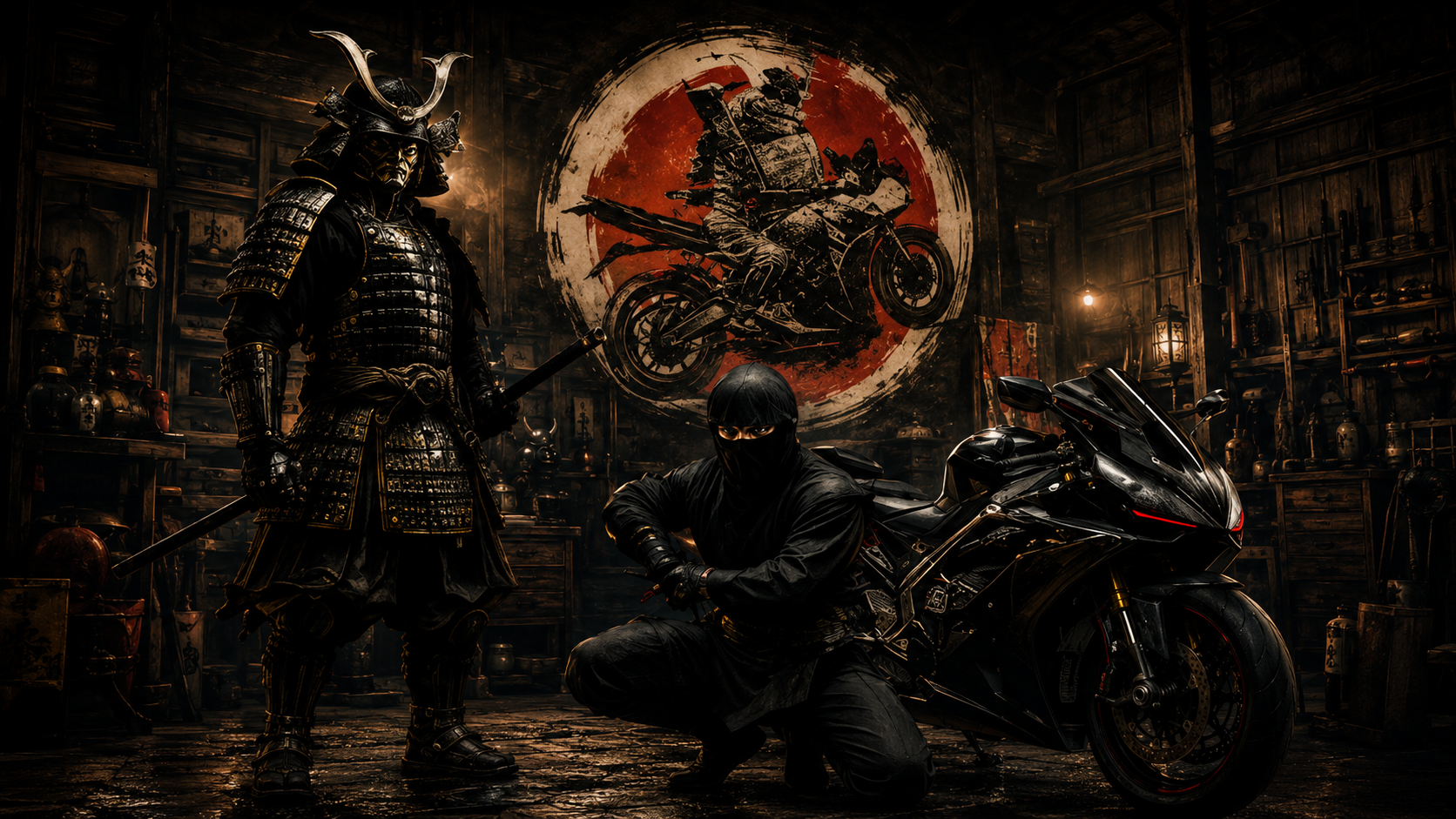 Poster de la presentación de Otobaido con samurái, ninja y motocicleta
